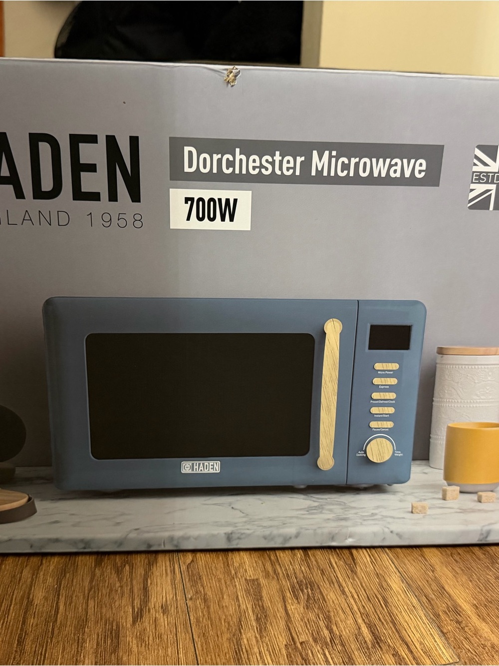Hayden Dorchester Microwave in Matte Blue with Wood-Tone Accents
